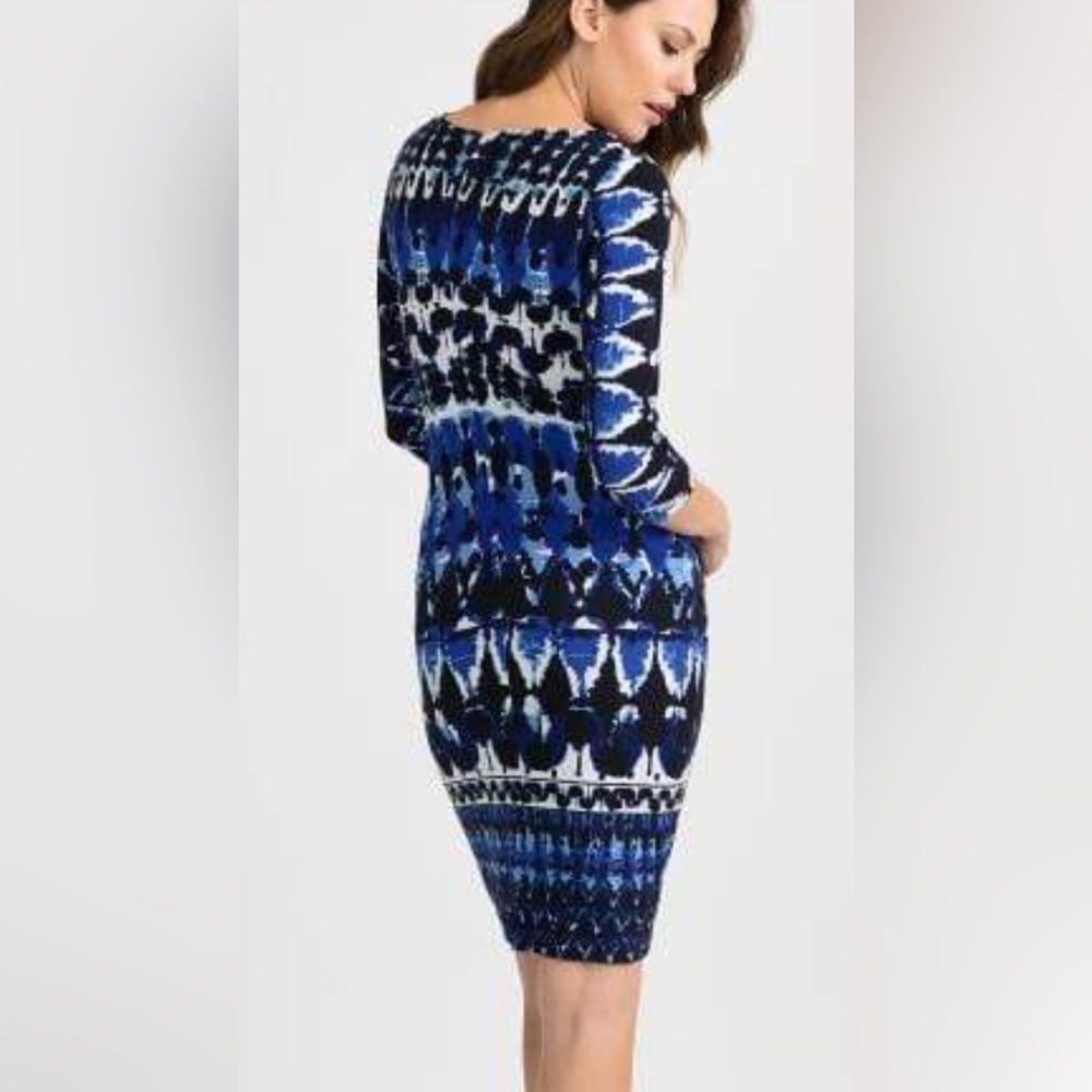 Joseph Ribkoff Abstract Print Stretch Knit Blue Black White Sheath Dress 8 - Picture 13 of 13